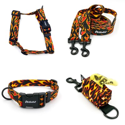 ACCESSORY KIT. Medium dog. Dog on Fire Psiakrew Series; Collar, Harness, Leash, Pouch for poop bags