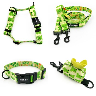 ACCESSORY KIT. Medium dog. Psiakrew Green Frogs Series; Collar, Harness, Leash, Pouch for poop bags