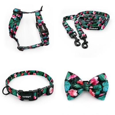 ACCESSORY KIT. Small dog. Tropical Monstera Psiakrew Series; Collar, Harness, Leash, Bow Tie