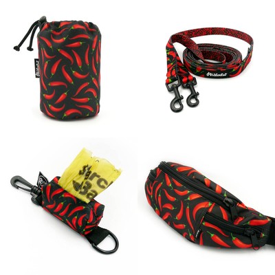 ACCESSORY KIT for a small Dog. Red Hot Chili Psiakrew Series; Collar, Harness, Leash, Sachet for dog treats