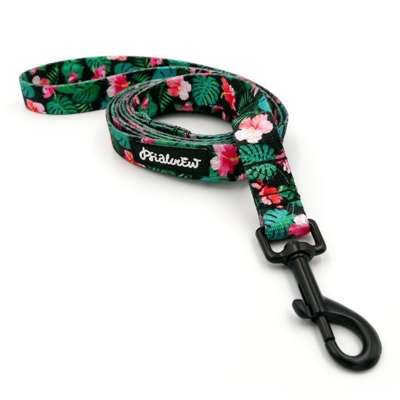 City leash for Dog Tropical Monstera, width 2 cm, black carabiner 7 cm