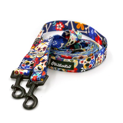 Dog Leash Dia de los Muertos width 2.5 cm, 1"  wide, snap hook black 6cm