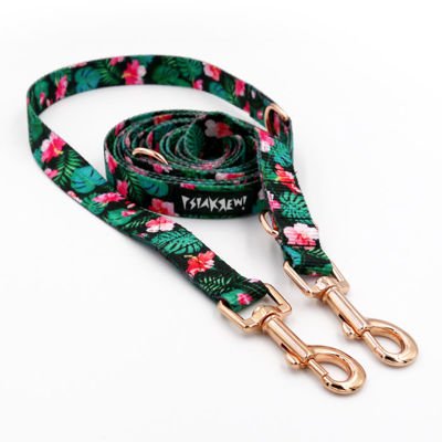 Leash for micro and small Dog; Tropical Monstera; adjustable; 2 cm wide, pink gold snap hook 6 cm