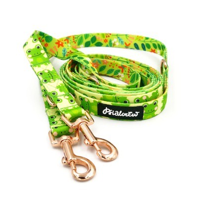 Long Dog Leash Green Frogs Psiakrew width 2 cm (0.78") wide, rose gold snap hook 6 cm