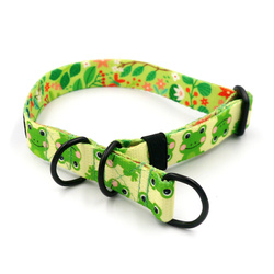 Half-Choke-Halsband Green Frogs, 2 cm breit, für kleine Hunde, schwarze Accessoires