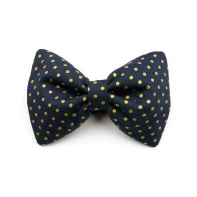 Dark Blue Dog Bow Tie, gift for dog, Gold Dots Pet Bow Tie, Bowtie, Collar Attachment