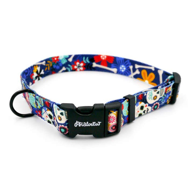 Dog Collar Psiakrew Día de los Muertos, 2 cm 0.78"  wide, for small dogs black extras