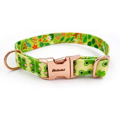 Dog Collar Psiakrew Green Frogs, 2 cm 0.78"  wide, for smaller dogs, pink gold clip