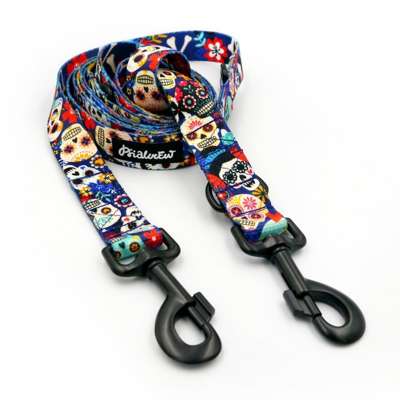 Dog Leash Día de los Muertos width 2.5 cm, 1"  wide, snap hook black 8cm