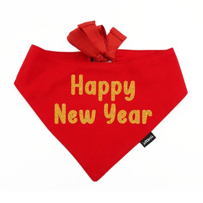 Rotes Bandana mit glitzernder goldener Aufschrift „Happy New Year“ Psiakrew