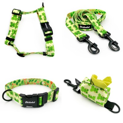 ZUBEHÖRSATZ. Großer Hund. Psiakrew Green Frogs-Serie; Halsband, Geschirr, Leine, Etui für Kotbeutel