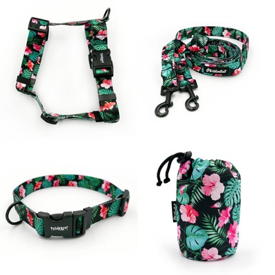 ZUBEHÖRSATZ. Mittlerer Hund. Tropical Monstera Psiakrew - Serie; Halsband, Geschirr, Leine, Sachet für Hundeleckerli