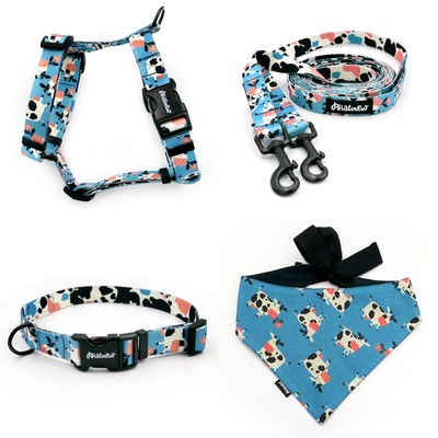 ZUBEHÖRSATZ für einen kleinen Hund Spotted Cow Psiakrew -Serie; Halsband, Geschirr, Leine, Bandana