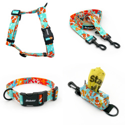 ZUBEHÖRSATZ. Mittlerer Hund. Blue Lagoon Psiakrew - Serie; Halsband, Geschirr, Leine, Etui für Kotbeutel