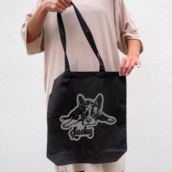 Personalisierte ECO-Baumwolltasche – Boston Terrier in Schwarze mit Namen – Psiakrew Tragetasche Grau