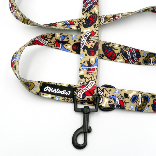 Hundeleine Dog Tattoo Flash Breite 2,5 cm, 1" breit, schwarzer Karabinerhaken 6 cm