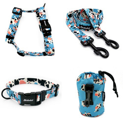 ZESTAW AKCESORIÓW. Pies duży. Seria Łaciata Krówka Psiakrew; Obroża, Szelki, Smycz, Saszetka