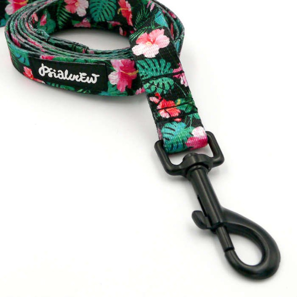 City leash for Dog Tropical Monstera, width 2 cm, black carabiner 7 cm