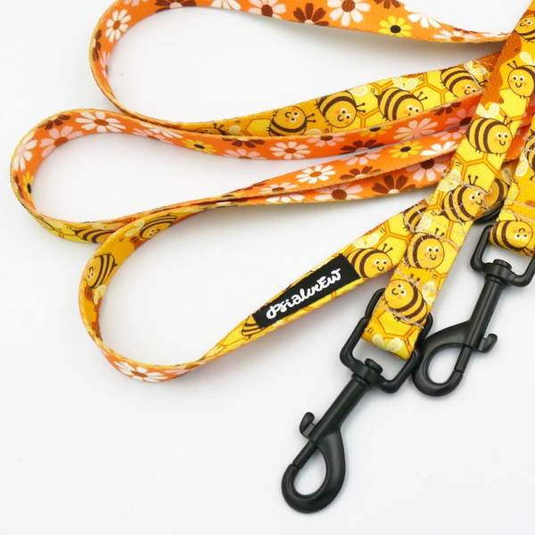 Long Dog Leash Busy Bees Psiakrew width 2 cm (0.78"), black snap hook 7 cm (3,15")