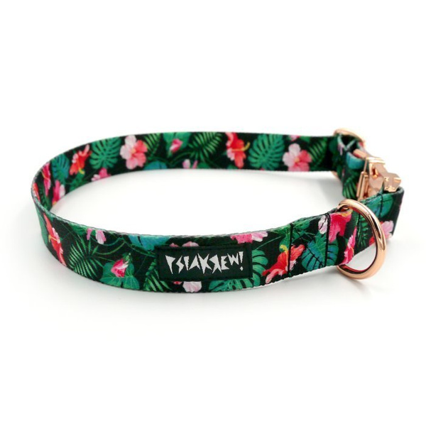 Dog Collar Psiakrew Tropical Monstera 2.5 cm, 1" wide, pink gold clip