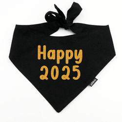 Czarna Bandana z brokatowym złotym napisem Happy 2025 Psiakrew