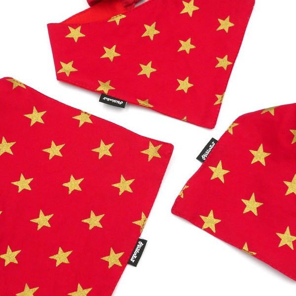 Red Christmas bandana for a dog with golden stars, a handkerchief, a scarf for a pet