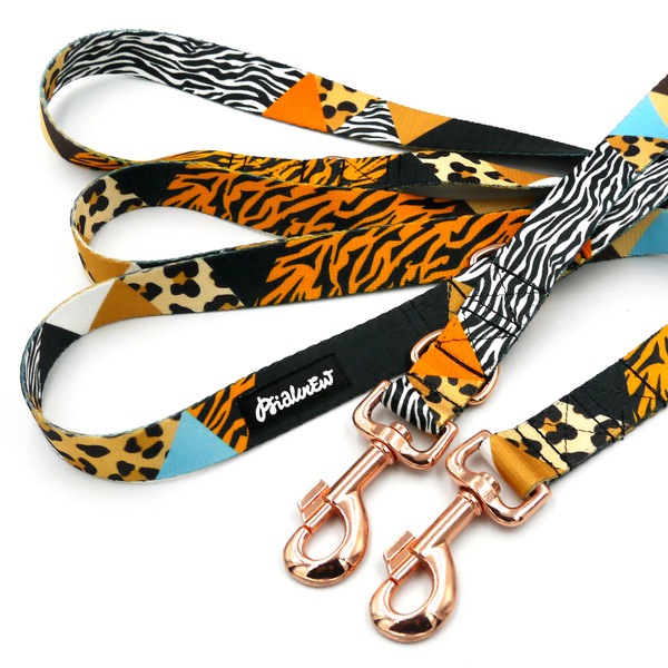 Dog Leash Wild Animals width 2.5 cm, 1" wide, pink gold, big snap hook 8 cm