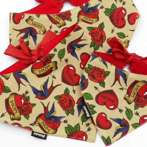 Dog Bandana Love Mom Tattoo handkerchief style to tie around your pet’s neck