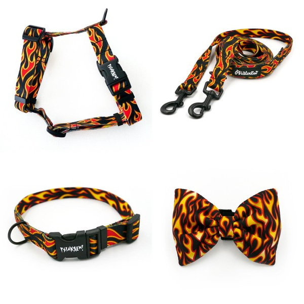 ACCESSORY KIT. Small dog. Dog on Fire Psiakrew Series; Collar, Harness, Leash, Bow tie