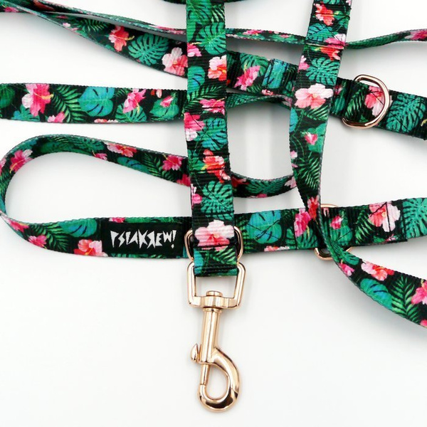 Leash for micro and small Dog; Tropical Monstera; adjustable; 2 cm wide, pink gold snap hook 6 cm