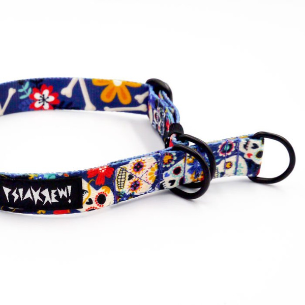 Obroża półzaciskowa Día de los Muertos szeroka na 2 cm, dla małych psów, czarne dodatki