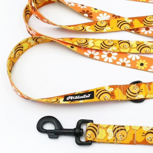 Lange abnehmbare Hundeleine Fleißige Bienen Psiakrew, Band 2,5 cm, Karabiner 8 cm, schwarz