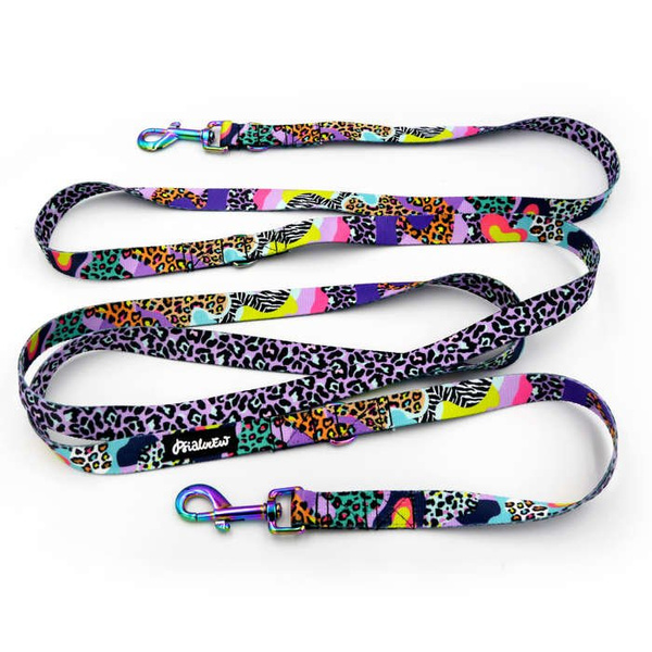 Long Dog Leash Crazy Leopard width 2 cm (0.78")  wide, Holo  petrol effect snap hook 7 cm