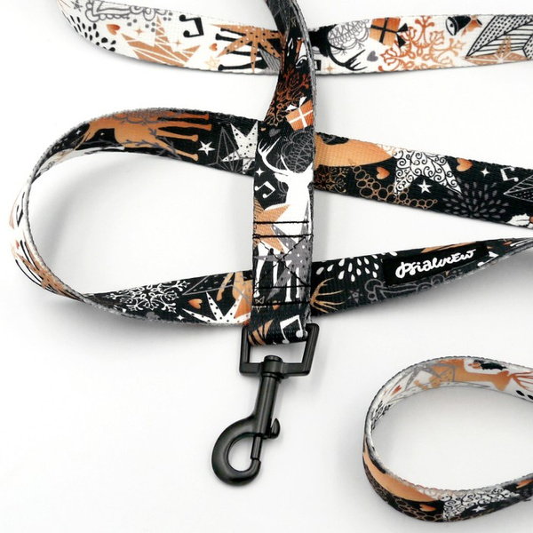 Dog Leash Deer Calls Psiakrew width 2.5 cm, 1" wide, black snap hook 6 cm