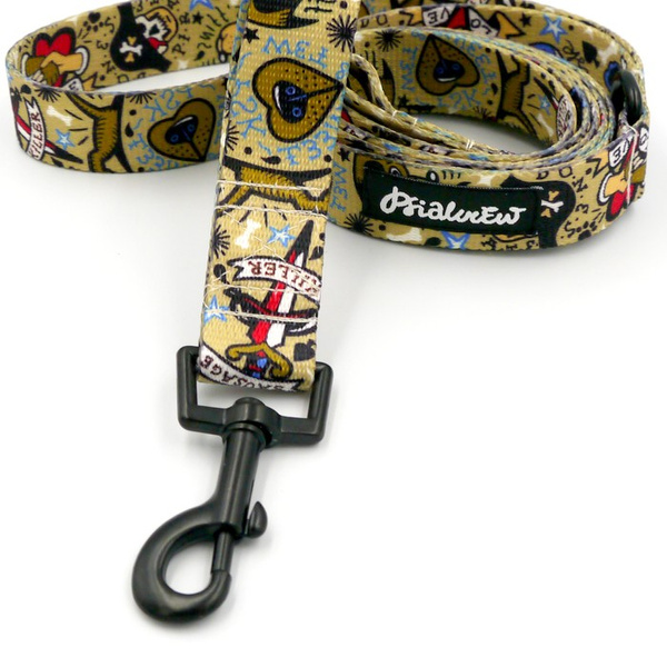 Hundeleine Dog Tattoo Flash Breite 2,5 cm, 1" breit, schwarzer Karabinerhaken 6 cm