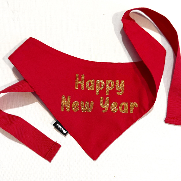 Czerwona Bandana z brokatowym złotym napisem Happy New Year Psiakrew