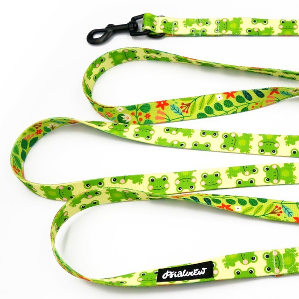 Long Dog Leash Green Frogs width 2 cm (0.78") wide, black snap hook