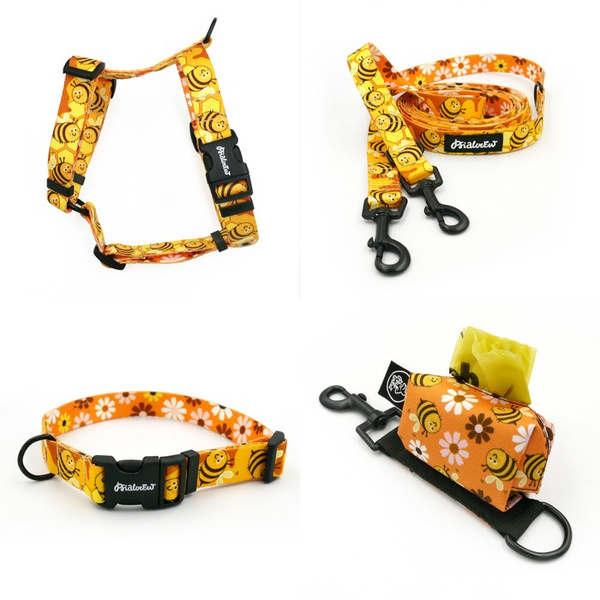 ACCESSORY KIT. Small dog. Busy Bees Psiakrew Series; Collar, Harness, Leash, Pouch for poop bags