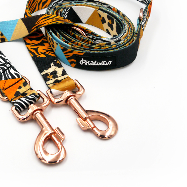 Dog Leash Wild Animals width 2.5 cm, 1" wide, pink gold, big snap hook 8 cm