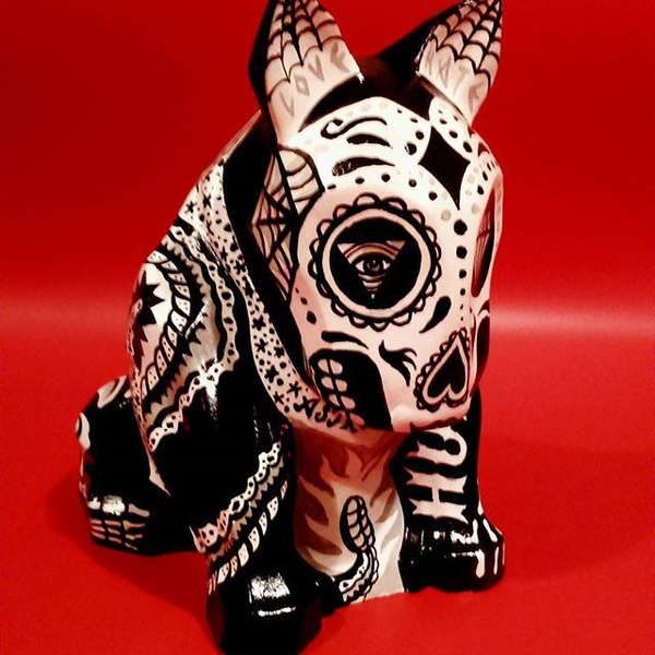 Skulptur Mexikanischer Bullterrier Tattoo, Tag der Toten, Dia De Los Muertos Skulptur Hundeskelett