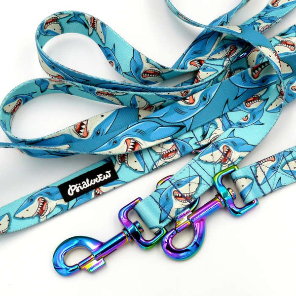 Dog Leash Sharks width 2.5 cm, 1"  wide, holo snap hook 8cm