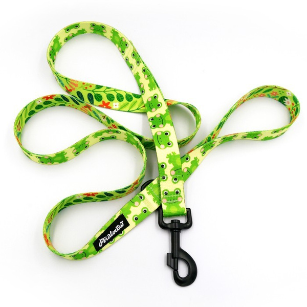 City-Laufleine für einen Hund- Green Frogs, Breite 2,5 cm, großer, kräftiger schwarzer Karabiner 8cm