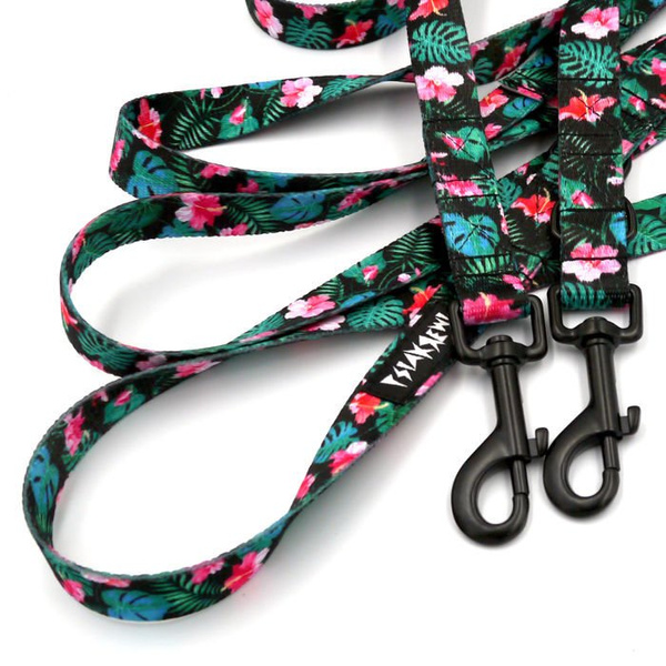 Dog Leash Tropical Monstera width 2.cm, (0.78") wide, black snap hook 7 cm