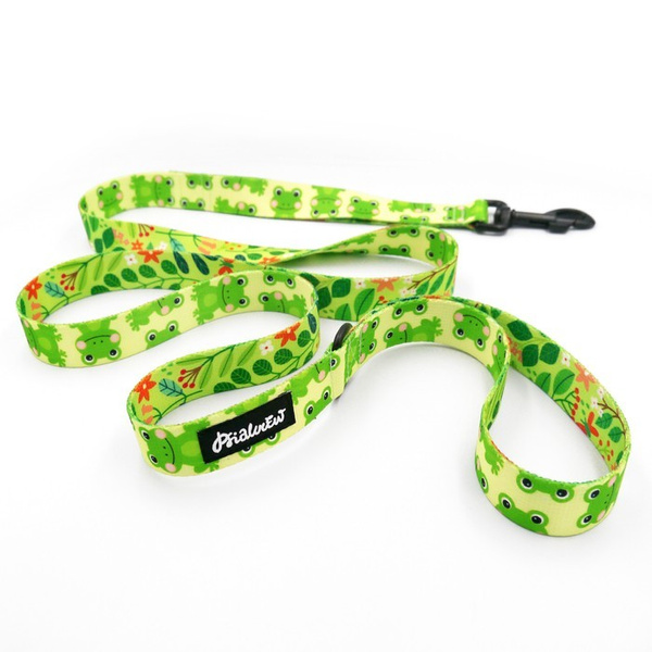 Dog Leash Green Frogs width 2.5 cm, 1" wide, big black snap hook 8 cm