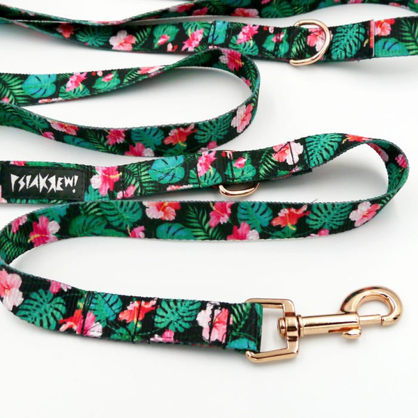 Leash for micro and small Dog; Tropical Monstera; adjustable; 2 cm wide, pink gold snap hook 6 cm