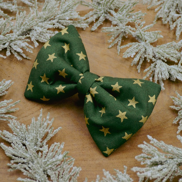 Green Dog Bow Tie, gift for dog, Gold Stars Pet Bow Tie, Bowtie, Collar Attachment