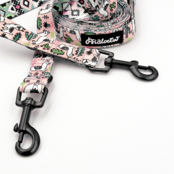 Long Dog Leash Llama Pink, width 2 cm (0.78") wide, black snap hook 6 cm