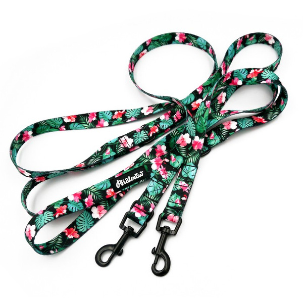 Long Dog Leash Tropical Monstera Psiakrew width 2 cm (0.78"), black snap hook 6 cm