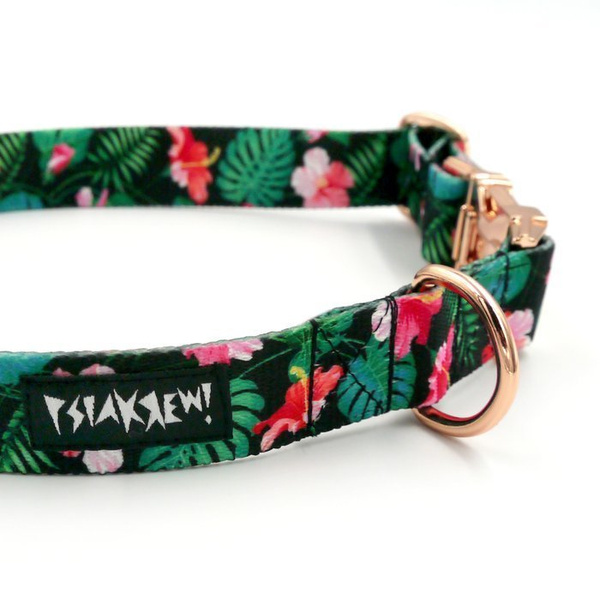 Dog Collar Psiakrew Tropical Monstera 2.5 cm, 1" wide, pink gold clip