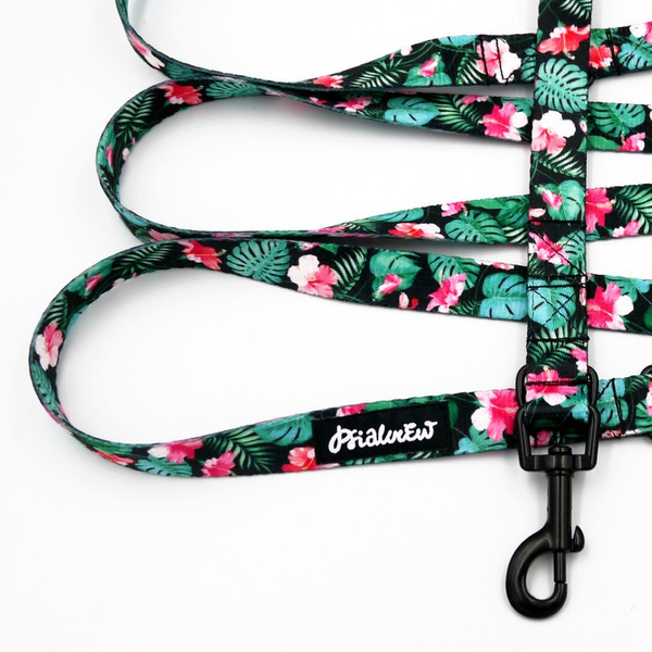Long Dog Leash Tropical Monstera Psiakrew width 2 cm (0.78"), black snap hook 6 cm
